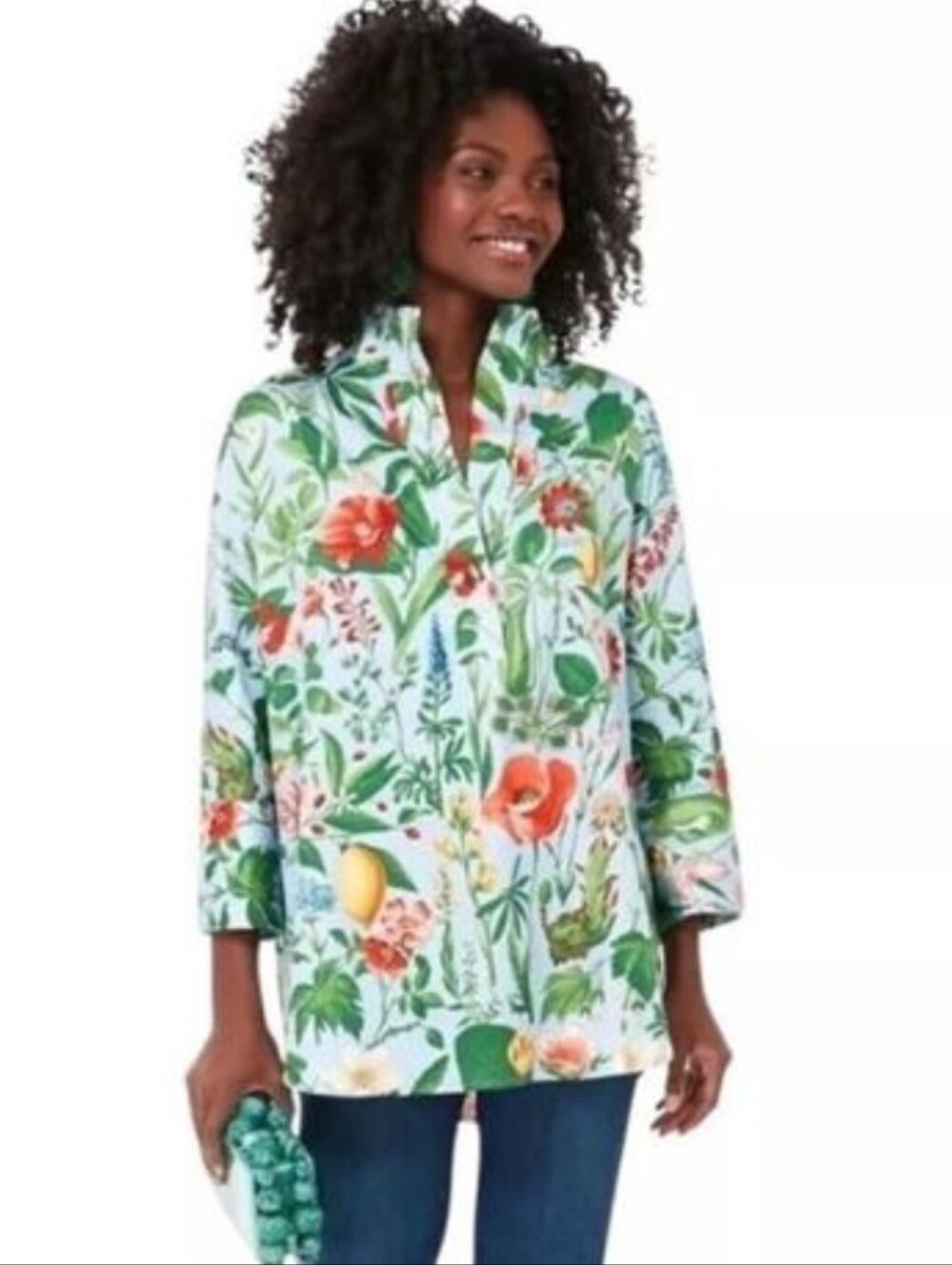 Tuckernuck Floral Tunic Top in Light Blue with Multicolor Botanicals
